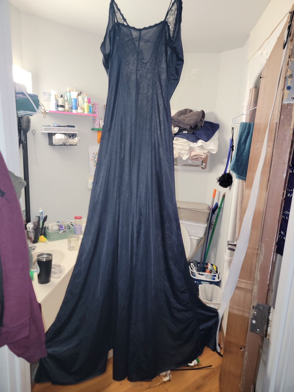Sheer Lace-Panel Black Nightgown with Burgundy Trim - Picture 2 of 4